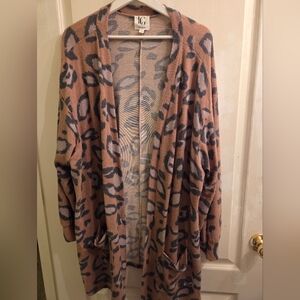 Coral and Grey Leopard Print Open Cardigan Sweater - Super Soft